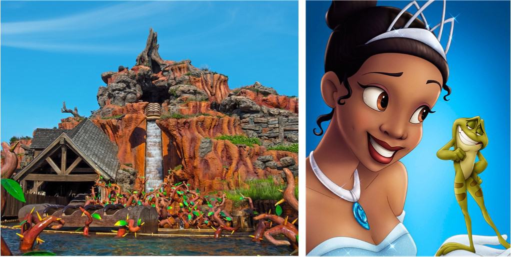 Left: Splash Mountain thrills at Magic Kingdom; right: Tiana grins at Naveen the frog, spotlighted against a dreamy blue Disney backdrop.