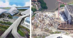 Left: Visionary design for a sleek new attraction. Right: Bird’s-eye view of TRON Lightcycle / Run taking shape at Magic Kingdom.