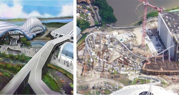 Left: Visionary design for a sleek new attraction. Right: Bird’s-eye view of TRON Lightcycle / Run taking shape at Magic Kingdom.