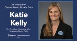 Katie Kelly, Disney executive, beaming in a black blazer next to exciting news about the latest Disney Resort Hotels updates.