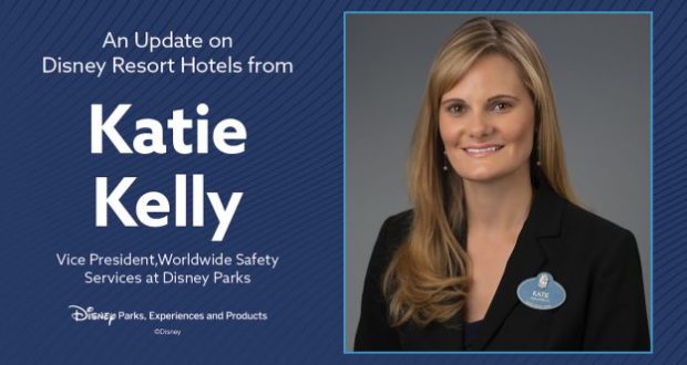 Katie Kelly, Disney executive, beaming in a black blazer next to exciting news about the latest Disney Resort Hotels updates.