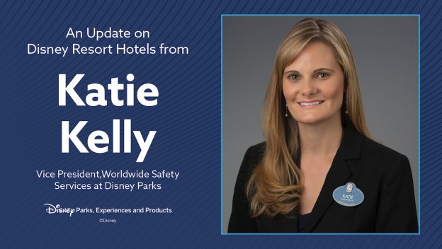 Katie Kelly, Disney executive, beaming in a black blazer next to exciting news about the latest Disney Resort Hotels updates.