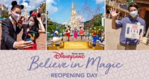 Guests in masks return to Hong Kong Disneyland, featuring the iconic castle and favorite Disney characters welcoming everyone back.