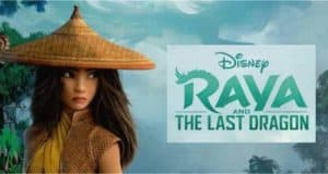 Raya in her signature straw hat welcomes guests beside the vibrant "Disney Raya and the Last Dragon" movie logo.