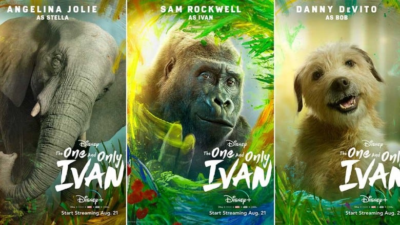 Three vibrant posters for "The One and Only Ivan" showcase favorite Disney animals, echoing Disney+ magic at the parks.