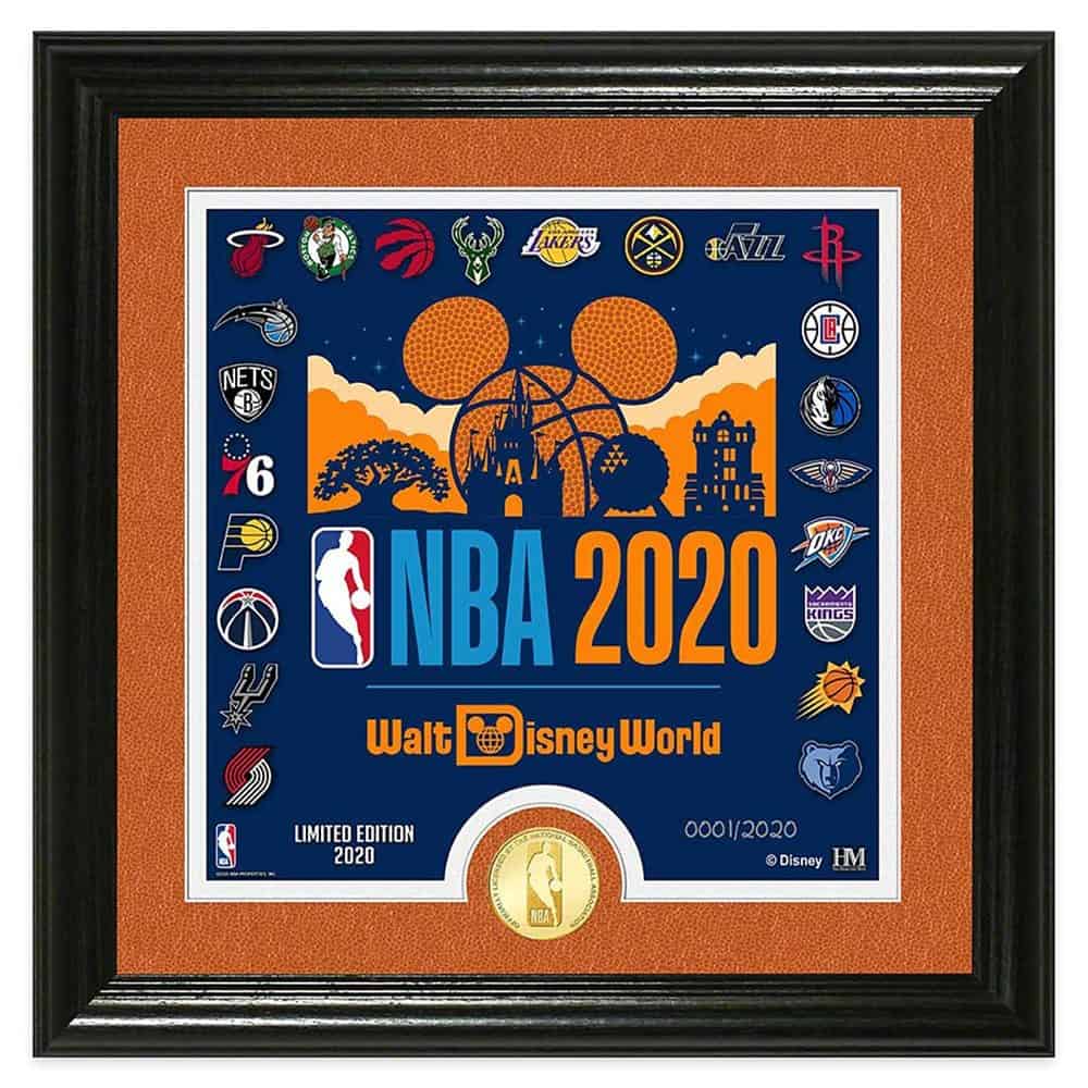 Showcase your MagicBands with this NBA 2020 Disney plaque featuring team logos, a gold coin, and a display slot—pre-order now!.
