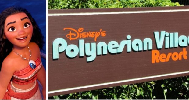 Moana greets guests with a warm smile next to the Polynesian Village Resort sign, framed by tropical greenery at Disney World.