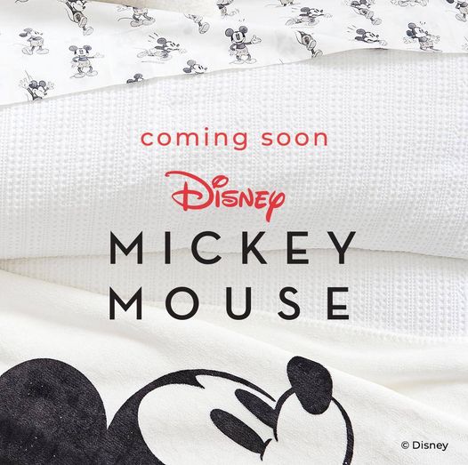 Mickey Mouse patterns on white fabrics promote "coming soon Disney MICKEY MOUSE" from Pottery Barn’s magical Disney collection.