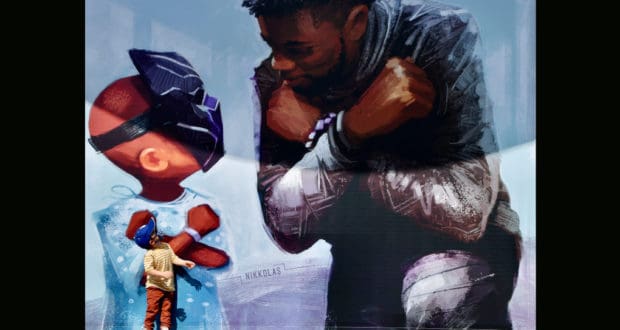 A young Marvel fan in a superhero mask strikes a pose with the vibrant Black Panther mural, featuring T’Challa performing the iconic Wakanda salute inspired by Chadwick Boseman, at Downtown Disney.
