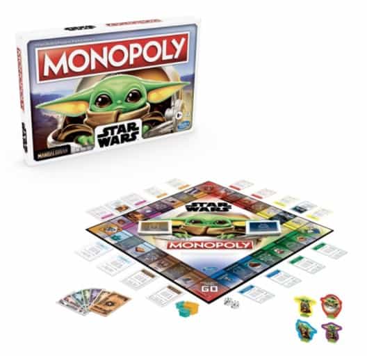 Monopoly Star Wars edition game set on display, with The Child (Baby Yoda) featured prominently on the box. Themed board, cards, dice, and unique Star Wars-inspired game pieces evoke an immersive Galaxy’s Edge vibe for fans eager to bring home a piece of the adventure.