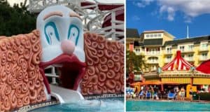 Keister Coaster Waterslide’s iconic clown face welcomes guests on the left, while Disney’s BoardWalk Resort buzzes with activity on the right, where visitors lounge poolside beneath a classic red-and-white striped tent.