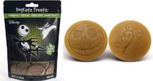 Dog dental treats featuring Jack Skellington and Zero from Disney’s "The Nightmare Before Christmas" on the packaging, stocked at Target. Perfect for fans looking to add Disneyland Halloween vibes to their pet care routine while celebrating the spooky season.