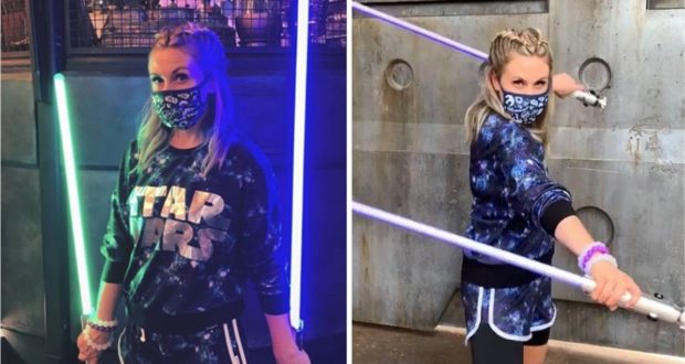 A Star Wars fan cosplays with a Legacy Lightsaber in two immersive Galaxy’s Edge-inspired sci-fi settings.