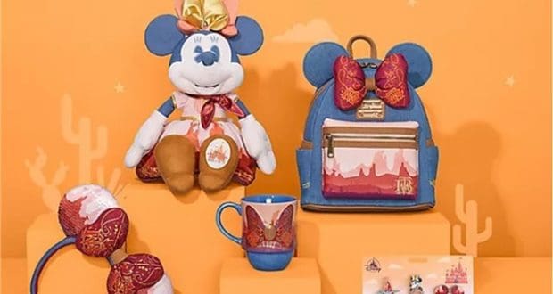 A vibrant selection of Disney Parks merchandise, including an adorable Minnie Mouse plush, themed backpack, collectible mug, sparkling headband, and exclusive pins, is attractively displayed on bright orange stands—creating the perfect photo op for Disney fans hunting for limited-edition treasures like those available through MerchPass.