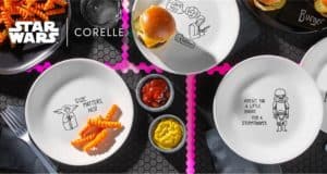 Star Wars-themed plates from the Corelle Star Wars Collection, styled with fries, a cheeseburger, and dips—each plate featuring beloved character quotes that capture the spirit of a galaxy far, far away for fans at Star Wars: Galaxy’s Edge.