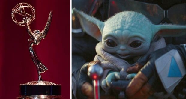 The Emmy award statue stands on the left, while Baby Yoda from Star Wars: The Mandalorian is held up on the right, celebrating the hit Disney+ series’ Emmy win—a magical moment for Star Wars fans and Disney Parks guests alike.