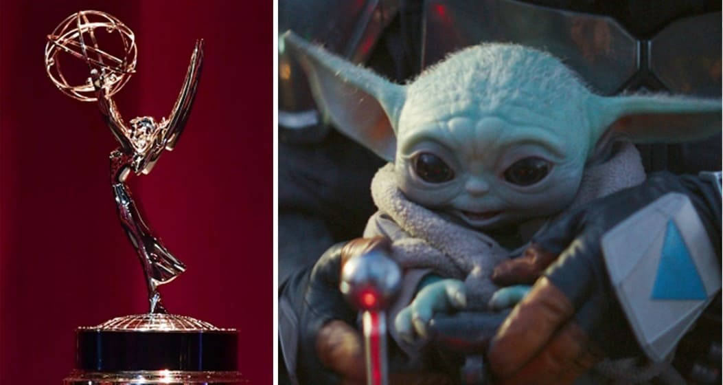 The Emmy award statue stands on the left, while Baby Yoda from Star Wars: The Mandalorian is held up on the right, celebrating the hit Disney+ series’ Emmy win—a magical moment for Star Wars fans and Disney Parks guests alike.