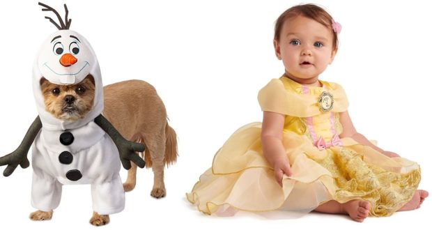 A snowman-inspired pup joins a baby in a cheerful yellow dress, both posing together like beloved Disney characters ready to greet guests at Magic Kingdom.