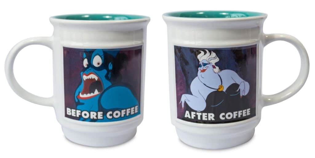 Ursula from The Little Mermaid stars on two shopDisney Meme Collection mugs: one shows her looking frazzled with the caption "Before Coffee," while the other captures a chilled-out Ursula labeled "After Coffee.