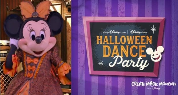 Minnie Mouse dressed in her Halloween costume poses next to the "Halloween Dance Party" sign, surrounded by Disney branding and festive decorations—get ready for spooktacular entertainment at the park, plus check out shopDisney for special surprises and details on how to enter the Halloween contest!.