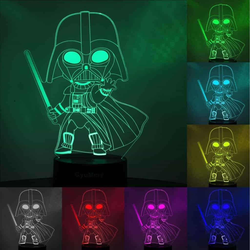 Darth Vader glowing in eight vibrant colors—including green, blue, red, pink, and yellow—lights up your Star Wars-themed hotel room or entertainment lounge just like a galactic adventure at a Disney park; perfect as a souvenir night light for fans and available through Amazon.