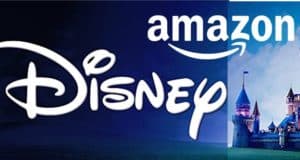 Disney and Amazon logos overlap, with the iconic Disney castle peeking out behind the Disney logo to the right, evoking a magical connection that lets fans shop official Disney Parks merchandise on Amazon as if unlocking a theme park secret.