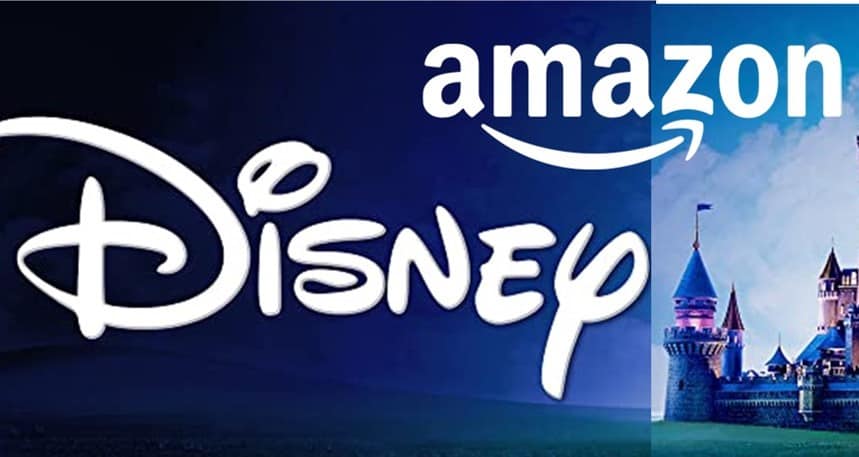 Disney and Amazon logos overlap, with the iconic Disney castle peeking out behind the Disney logo to the right, evoking a magical connection that lets fans shop official Disney Parks merchandise on Amazon as if unlocking a theme park secret.