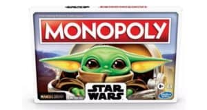 Monopoly: Star Wars Mandalorian edition board game box on display, spotlighting fan-favorite character The Child (Baby Yoda) from the hit Disney+ series on the front cover.