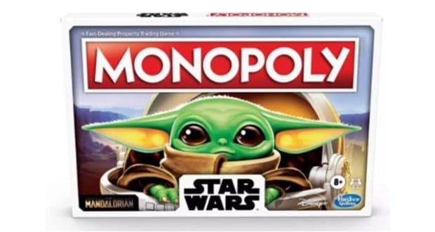 Monopoly: Star Wars Mandalorian edition board game box on display, spotlighting fan-favorite character The Child (Baby Yoda) from the hit Disney+ series on the front cover.