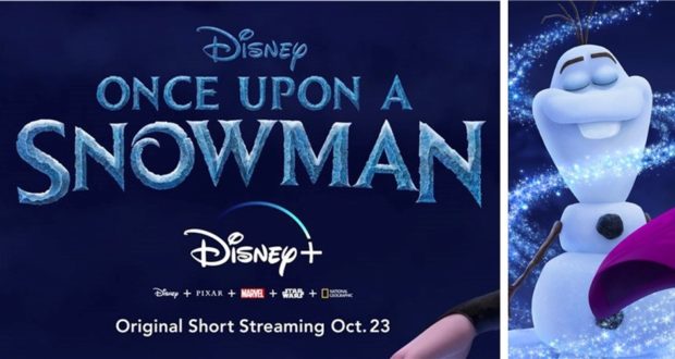 The Once Upon a Snowman poster showcases Olaf grinning cheerfully, inviting Disney fans to catch this original short streaming on Disney+ starting October 23. The familiar Disney+ logo highlights the latest must-see addition for theme park enthusiasts and entertainment lovers alike.
