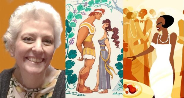 Disney artist Sue Nichols Maciorowski smiles alongside an animated Disney couple in ancient dress and a chic guest at a lively party.