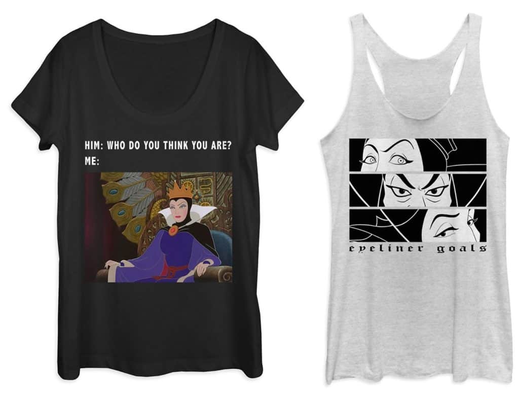 Discover two playful women’s tees from the Meme Collection at ShopDisney, perfect for your next park visit or Disney-themed event. One top spotlights a regal queen with fun, sassy text, while the other highlights dramatic eyes above the phrase “eyeliner goals.” Fun fashion for Disney fans who love pop culture flair.