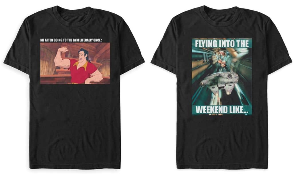 Two black t-shirts: one featuring a flexing cartoon character reminiscent of classic theme park strength test games, the other showcasing a spaceship blasting off with the phrase "Flying into the weekend like..."—fun additions for anyone who loves amusement park adventures and pop culture flair.