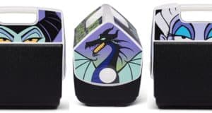 Three angles showcase a Disney Villains-themed Igloo cooler, decorated with bold illustrations of iconic characters and Maleficent’s dragon form in dramatic black, blue, and purple hues. An eye-catching accessory for fans of Disney Parks and those who love a mischievous twist on classic gear.