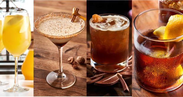 A festive lineup of four fall specialty cocktails at Disney Springs: a sparkling mimosa, an elegant martini, a rich fruit-garnished drink, and a classic old fashioned—all ready to add seasonal flavor to your Disney dining experience.