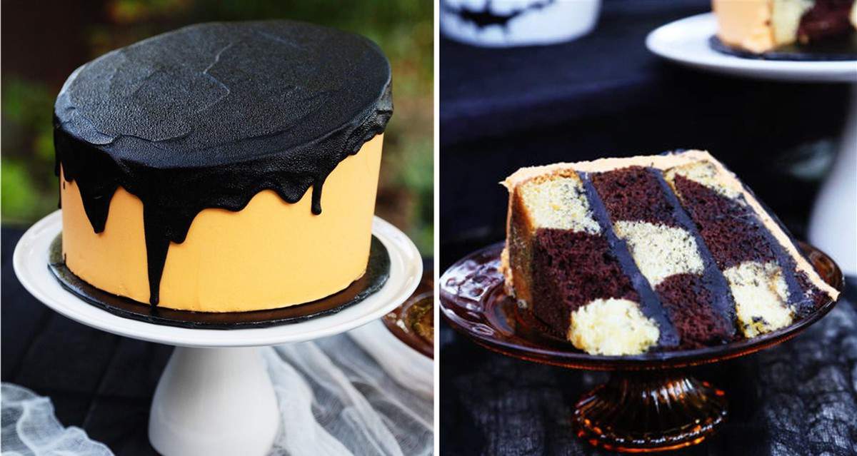 Nightmare Before Christmas-themed cake with vibrant orange frosting and dramatic black drip, reminiscent of a Tim Burton-inspired treat from Disney Parks. A cut slice reveals a magical checkerboard pattern of chocolate and vanilla layers inside.