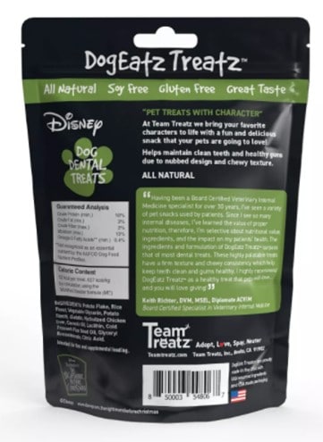 Back of a DogEatz Treatz Disney Nightmare Before Christmas dog treat bag featuring detailed nutritional info, ingredients, and iconic Disney branding—an ideal collectible snack for Disneyland visitors or Disney fans browsing unique pet treats at Target.