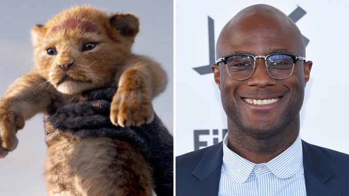 Split image: Simba being presented in classic Lion King style on the left, and Barry Jenkins—director of The Lion King Sequel—smiling in a suit and glasses on the right.