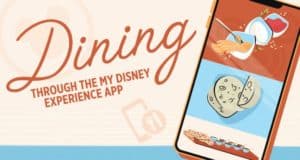 A smartphone screen displays mouthwatering Disney park food images and the message "Dining through the My Disney Experience app," showcasing the latest dining options for guests planning their magical culinary adventure at Walt Disney World.