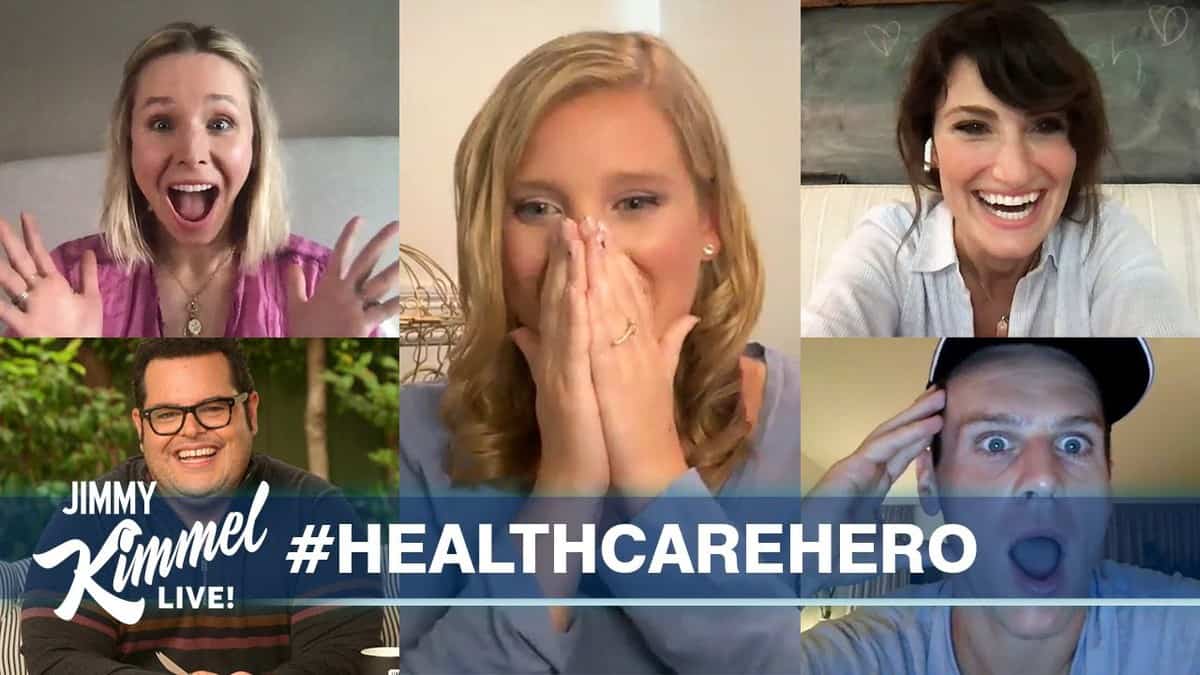 A group of five fans lights up with excitement during a virtual call on "JIMMY KIMMEL LIVE! #HEALTHCAREHERO." Among them is a Superfan Nurse, fresh from sharing her hilarious story about belting out Frozen songs to patients—channeling Elsa and Anna energy just like guests singing along at Disney Parks.