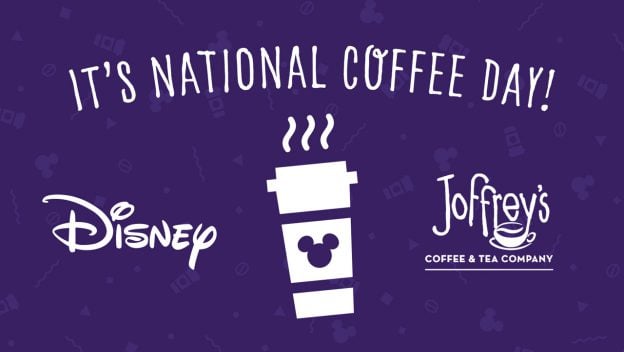 Celebrate National Coffee Day at Walt Disney World Resort with a vibrant purple graphic announcing "$1 coffee!" The image features the Joffrey’s Coffee and Walt Disney World logos alongside a coffee cup decorated with a Mickey Mouse icon, inviting park guests to join in the festivities.