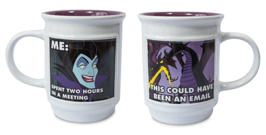 Bring some Disney humor to your next office break with these Meme Collection mugs, starring a classic Disney villain and the relatable line: “Spent two hours in a meeting. This could have been an email.” Perfect for Disney fans who appreciate theme park wit—now available at shopDisney!.