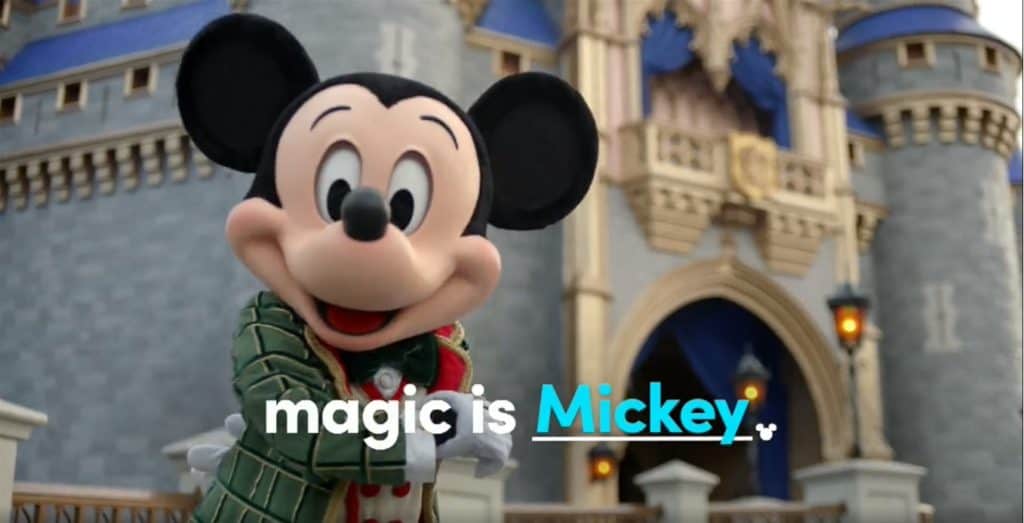 Mickey Mouse grins in front of Cinderella Castle at Walt Disney World, with the phrase "magic is Mickey" displayed nearby.
