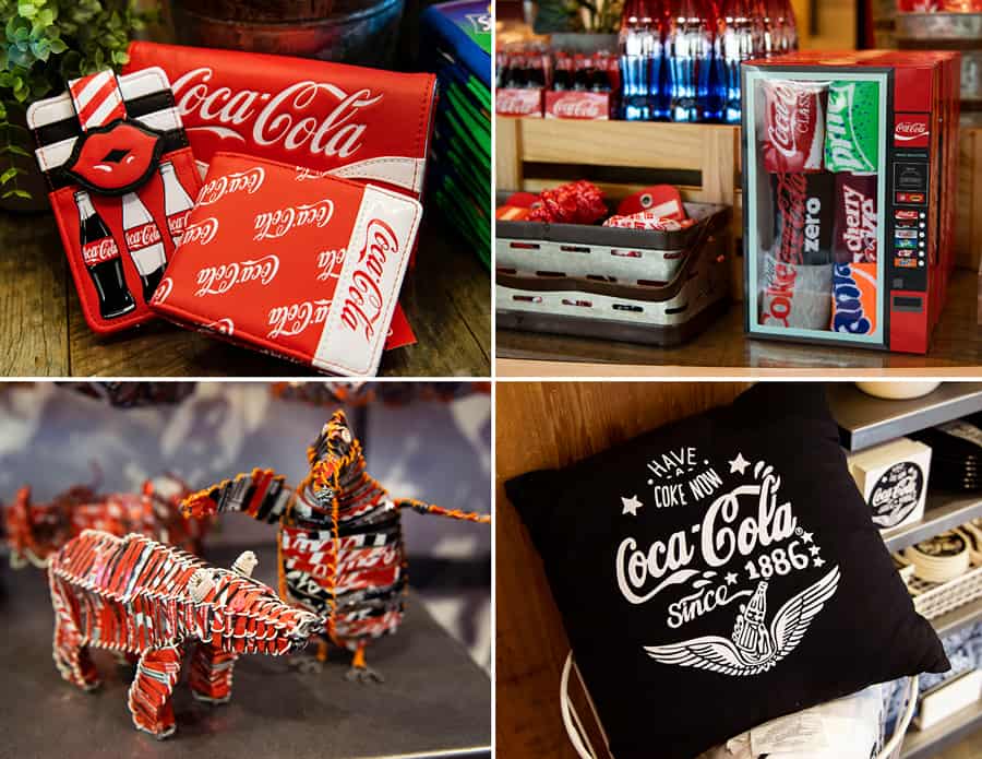 A collage of Coca-Cola merchandise inspired by Disney Springs at Walt Disney World Resort, featuring themed socks, refreshing drinks, a miniature Coke vending machine, collectible can art, and a cozy branded pillow—perfect souvenirs for theme park fans.