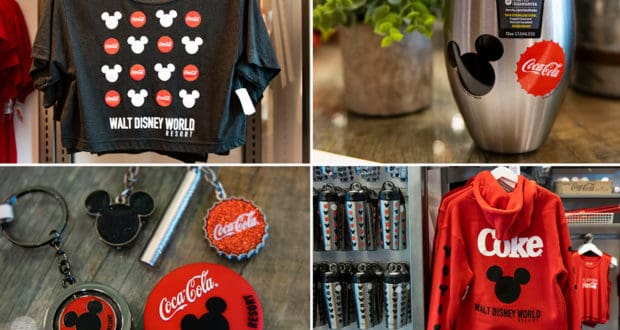 Exclusive Disney Springs display featuring Walt Disney World Resort and Coca-Cola merch, including a themed shirt, collectible tumbler, playful keychains, souvenir buttons, and a bold red sweatshirt.