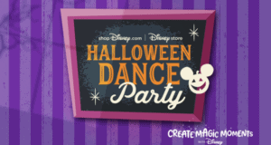 A chalkboard sign at a Disney Parks event announces “Halloween Dance Party” alongside the iconic Disney logo and “Create Magic Moments,” set against a vibrant purple striped wall. Guests are invited to join the fun with signature Disney dance moves and have a chance to win $1,000 Disney gift cards.