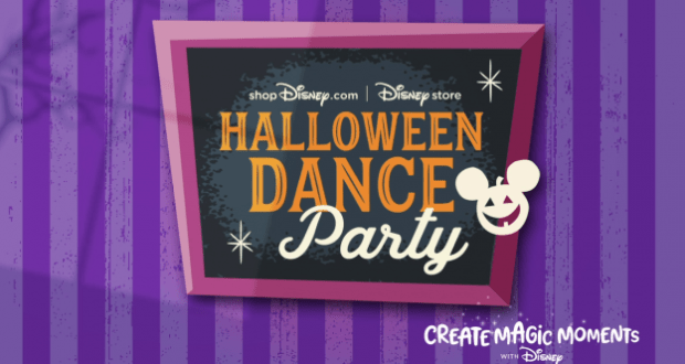 A chalkboard sign at a Disney Parks event announces “Halloween Dance Party” alongside the iconic Disney logo and “Create Magic Moments,” set against a vibrant purple striped wall. Guests are invited to join the fun with signature Disney dance moves and have a chance to win $1,000 Disney gift cards.