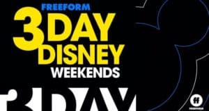 Vibrant yellow lettering announces "3 Day Disney Weekends" over a faint Mickey Mouse silhouette, inviting Disney fans to join Freeform’s sweepstakes for magical multi-day adventures at the parks.