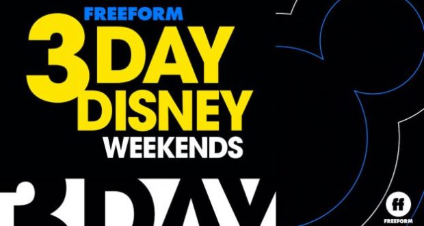 Vibrant yellow lettering announces "3 Day Disney Weekends" over a faint Mickey Mouse silhouette, inviting Disney fans to join Freeform’s sweepstakes for magical multi-day adventures at the parks.