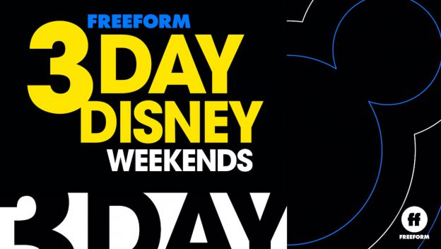 Vibrant yellow lettering announces "3 Day Disney Weekends" over a faint Mickey Mouse silhouette, inviting Disney fans to join Freeform’s sweepstakes for magical multi-day adventures at the parks.